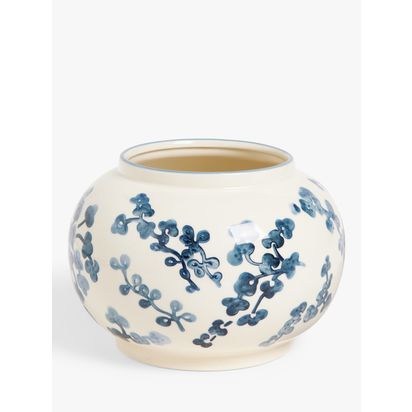 John Lewis Hand Painted Floral Stoneware Vase, H15cm, Blue/White Multi Multi | H15 x Dia.22.5cm