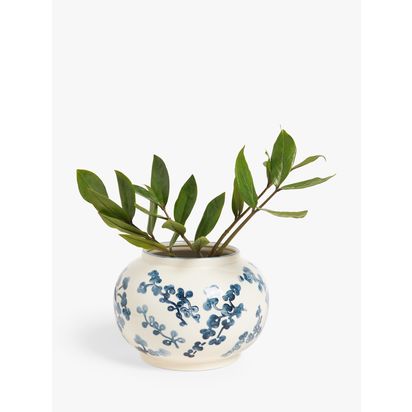 John Lewis Hand Painted Floral Stoneware Vase, H15cm, Blue/White Blue/White | H15 x Dia.22.5cm