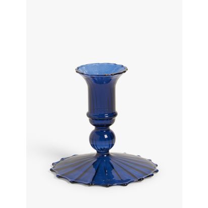 John Lewis Glass Short Bobbin Candlestick Holder Blue | H10 x Dia.10.2cm