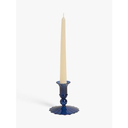 John Lewis Glass Short Bobbin Candlestick Holder Blue | H10 x Dia.10.2cm