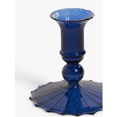 John Lewis Glass Short Bobbin Candlestick Holder Blue | H10 x Dia.10.2cm