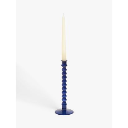 John Lewis Glass Bobbin Candlestick Holder Blue | H30 x Dia.11.1cm