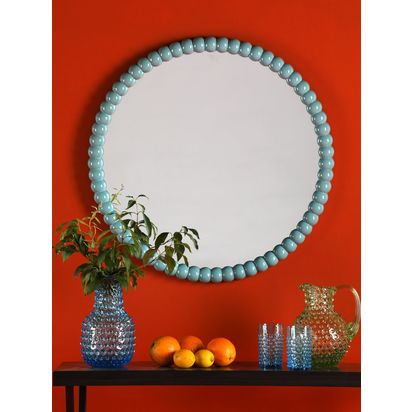 Där Ruan Bobbin Round Wood Frame Wall Mirror, 70cm Blue