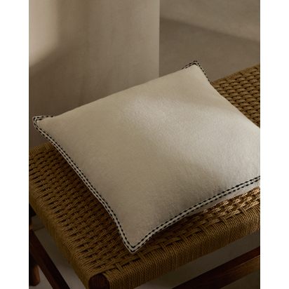 Sinet cushion cover in white linen and a black embroidery feature, 45 x 45 cm
