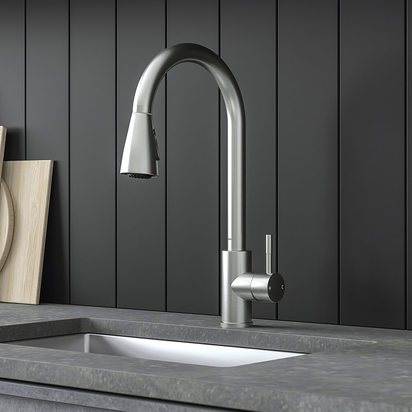 Vellamo Inspire Pull Out Spray Mono Kitchen Mixer Tap - Brushed Steel