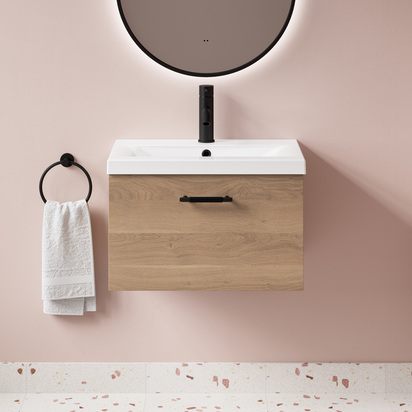 Erin 600mm Wall Mounted 1 Drawer Bleached Oak Vanity Unit & Basin