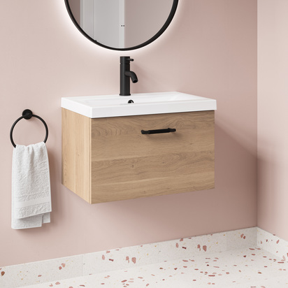 Erin 600mm Wall Mounted 1 Drawer Bleached Oak Vanity Unit & Basin