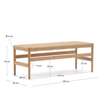 Zaide bench made of solid oak wood in a natural finish and rope cord seat, 120 cm, FSC 100