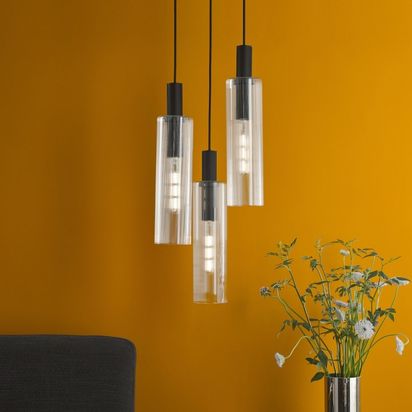 Ruben 3 Light Satin Black and Ribbed Glass Cluster Pendant Ceiling Light