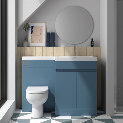 Dylan 1100mm Combination Right Hand Basin & Toilet Unit - Blue - Harbour Serenity Toilet, Wrapover Seat & Concealed Cistern