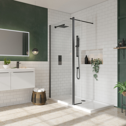 Harbour i8 Matt Black Framed Easy Clean 8mm Walk In Shower Panel & Full Profile Flipper Panel - 1200mm