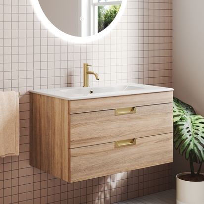 Isla 800mm Wall Hung Vanity Unit & Basin with Brushed Brass Handles - Davos Oak