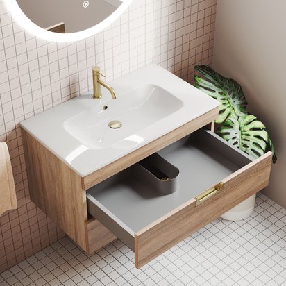 Isla 800mm Wall Hung Vanity Unit & Basin with Brushed Brass Handles - Davos Oak