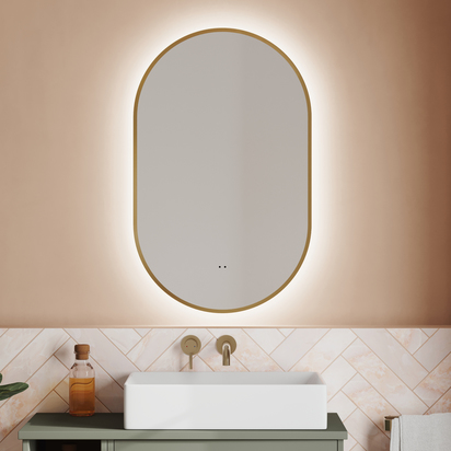 Billy LED Illuminated Oval Brushed Brass Framed Mirror with Demister Pad & Colour Change Lights - 500 x 800mm