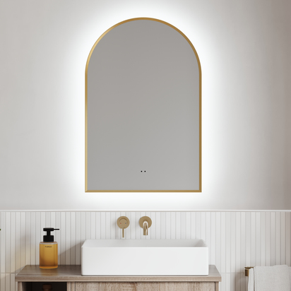Harper LED Illuminated Arch Brushed Brass Framed Mirror with Demister Pad & Colour Change Lights - 500 x 750mm