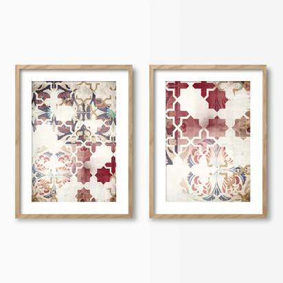 Red Moroccan Tiles Wall Art Set - Medium / Natural with mount