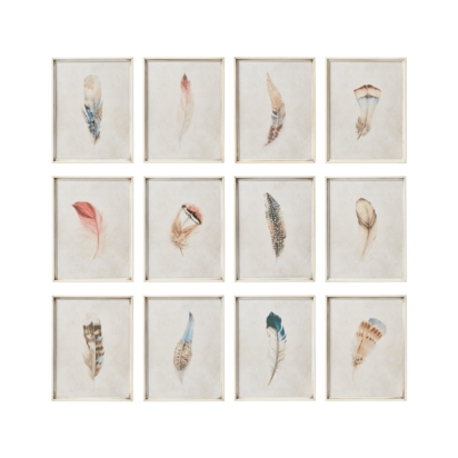OKA, Set of 12 Feather Prints - Multi, Wall Prints, Iron