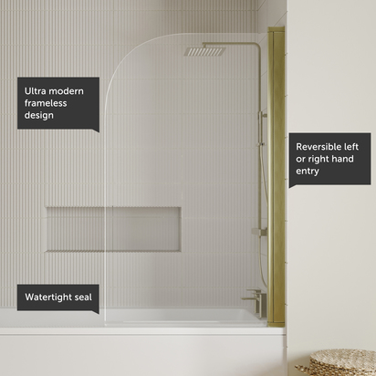 Vellamo Brushed Brass Curved Corner Single Hinged Bath Screen - 1435 x 775mm