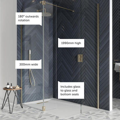 Crosswater Gallery 8 & 10 Hinged 8mm Deflector Panel - 300mm - Brushed Brass