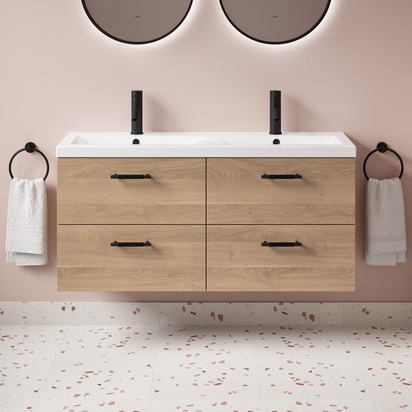 Erin 1200mm Wall Mounted Bleached Oak 4 Drawer Vanity Unit & Double Basin