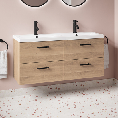 Erin 1200mm Wall Mounted Bleached Oak 4 Drawer Vanity Unit & Double Basin