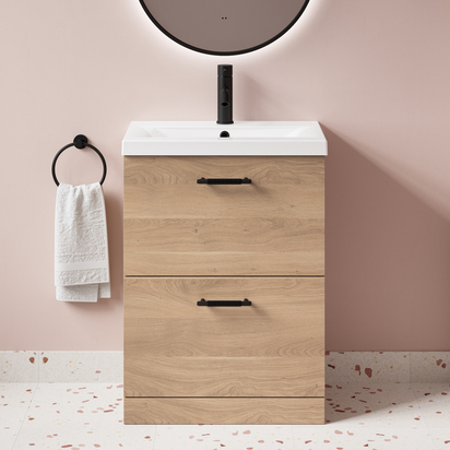 Erin 600mm Floorstanding 2 Drawer Bleached Oak Vanity Unit & Basin