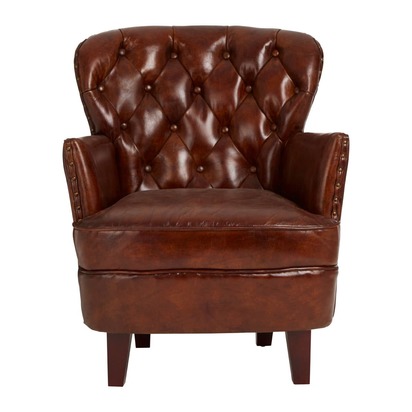 #Victor Brown Leather Armchair with Button Tufted Back