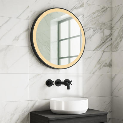 Harbour Status LED Illuminated Black Frame Round Mirror with Demister Pad & Colour Change LEDs - 600mm
