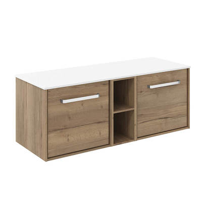 Crosswater Infinity Double Wall Mounted Windsor Oak Drawer Unit & Base Unit with Polar White Matt Worktop - 1200mm - Brushed Brass Handle