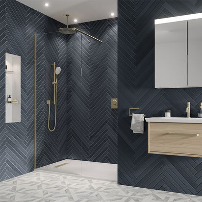 Crosswater Gallery 8 855mm Panel, Hinged Deflector, Wall Profile and Wall Bracing Bar - Brushed Brass