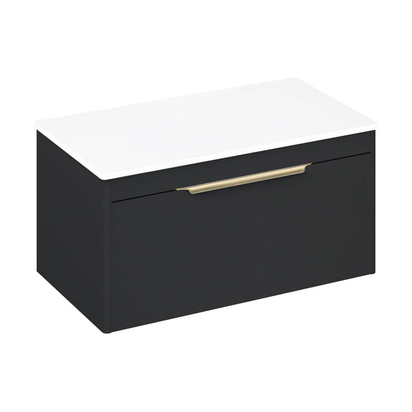 Britton Bathrooms Shoreditch 850mm Matt Grey Single Drawer Wall Mounted Vanity Unit with Brushed Brass Handle & White Countertop