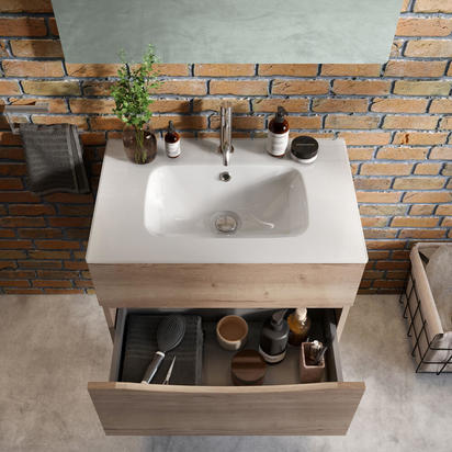 Crosswater Glide II 70 Wall Hung Vanity Unit with Glass Basin - 1 Tap Hole - Windsor Oak