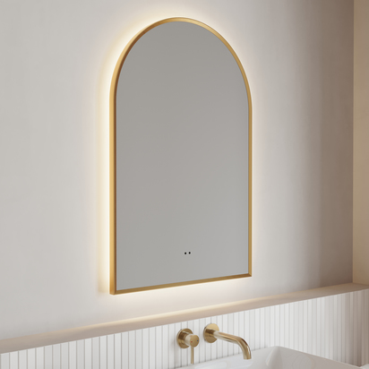 Harper LED Illuminated Arch Brushed Brass Framed Mirror with Demister Pad & Colour Change Lights - 500 x 750mm