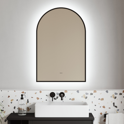 Harper LED Illuminated Arch Matt Black Framed Mirror with Demister Pad & Colour Change Lights - 500 x 750mm