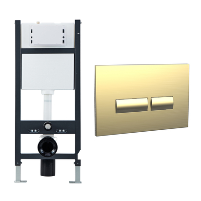 Wall Hung Toilet Frame, Pneumatic Concealed Cistern & Dual Flush Plate with Angular Buttons - Brushed Brass