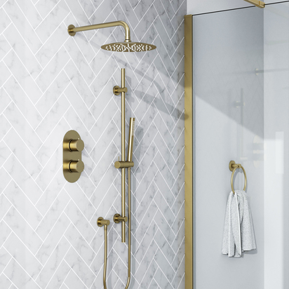 Harbour Clarity Brushed Brass Shower Package with 2 Outlet Valve, Fixed Head & Arm and Slide Rail Shower Kit