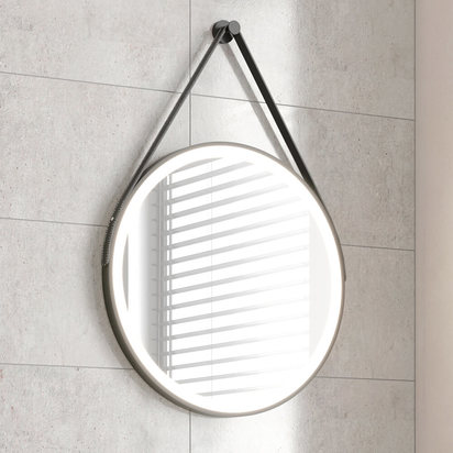 Harbour Status LED Illuminated Black Frame Round Mirror with Demister Pad, Colour Change LEDs & Strap - 600mm