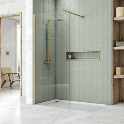 Harbour i8 Brushed Brass 1200mm Screen for Walk in Showers / Wetrooms - Easy Clean Coated Glass