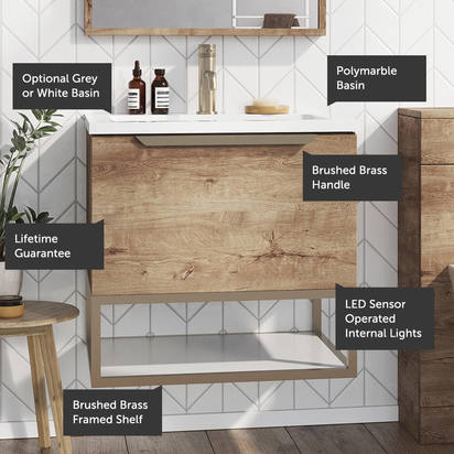 Harbour Virtue 800mm Wall Hung Vanity Unit with LED Illumination, Brushed Brass Frame Shelf & White Basin - Rustic Oak & Brushed Brass Handle
