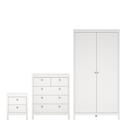 Huxham Package - Bedside Table 2 Drawers + Chest 5 Drawers + Wardrobe with 2 Doors in White