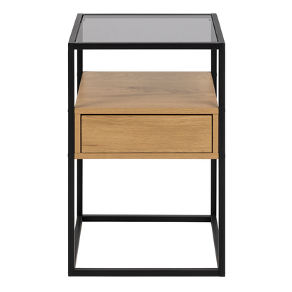 Linton Square Bedside Table with 1 Drawer in Black and Oak