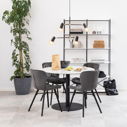 Kingsley Round Dining Table with White Polished Marble Top & Black Base