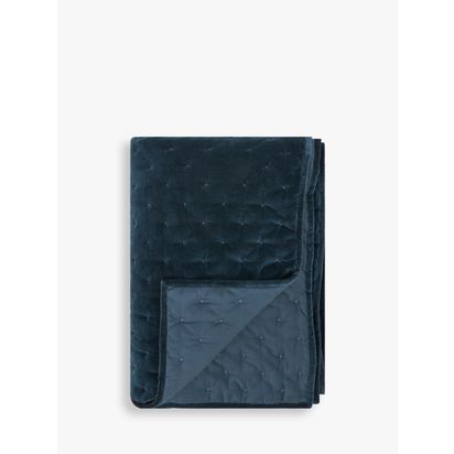 John Lewis Cotton Velvet Quilted Bedspread Petrol Blue | L220 x W220cm