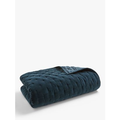 John Lewis Cotton Velvet Quilted Bedspread Petrol Blue | L220 x W220cm