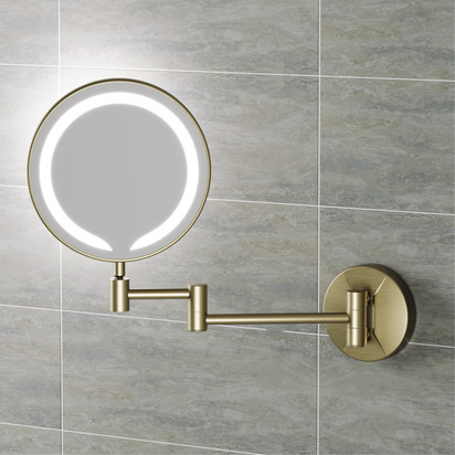 Vellamo LED Illuminated Round Brushed Brass Magnifying Wall Mirror with Magnetic Pull Out Switch- 200mm
