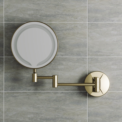 Vellamo LED Illuminated Round Brushed Brass Magnifying Wall Mirror with Magnetic Pull Out Switch- 200mm