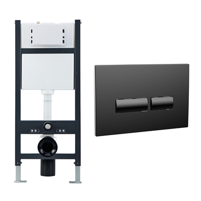 Wall Hung Toilet Frame, Pneumatic Concealed Cistern & Dual Flush Plate with Angular Buttons - Matt Black