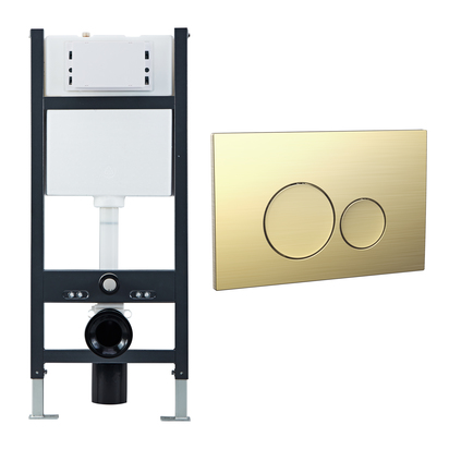 Wall Hung Toilet Frame, Pneumatic Concealed Cistern & Dual Flush Plate with Round Buttons - Brushed Brass