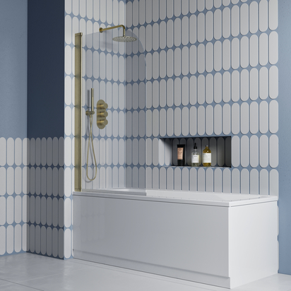 Drench Straight Single Ended Square Bath 1600x700mm & Brushed Brass Curved Corner Screen