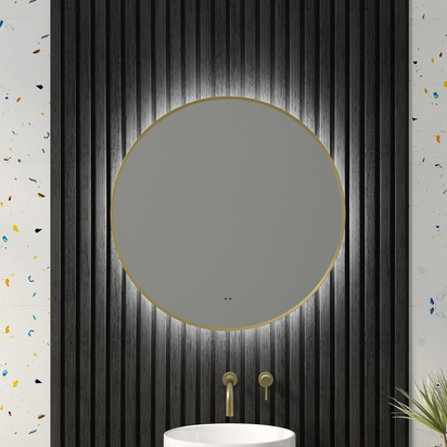 Marcos LED Illuminated Round Brushed Brass Framed Mirror with Demister Pad & Colour Change Lights - 600mm